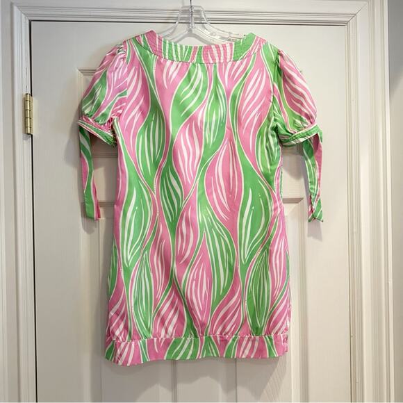 Lilly Pulitzer Silk Mini Dress Size 4 Pink Green Leaf Print Tie Short Sleeve - Picture 10 of 14